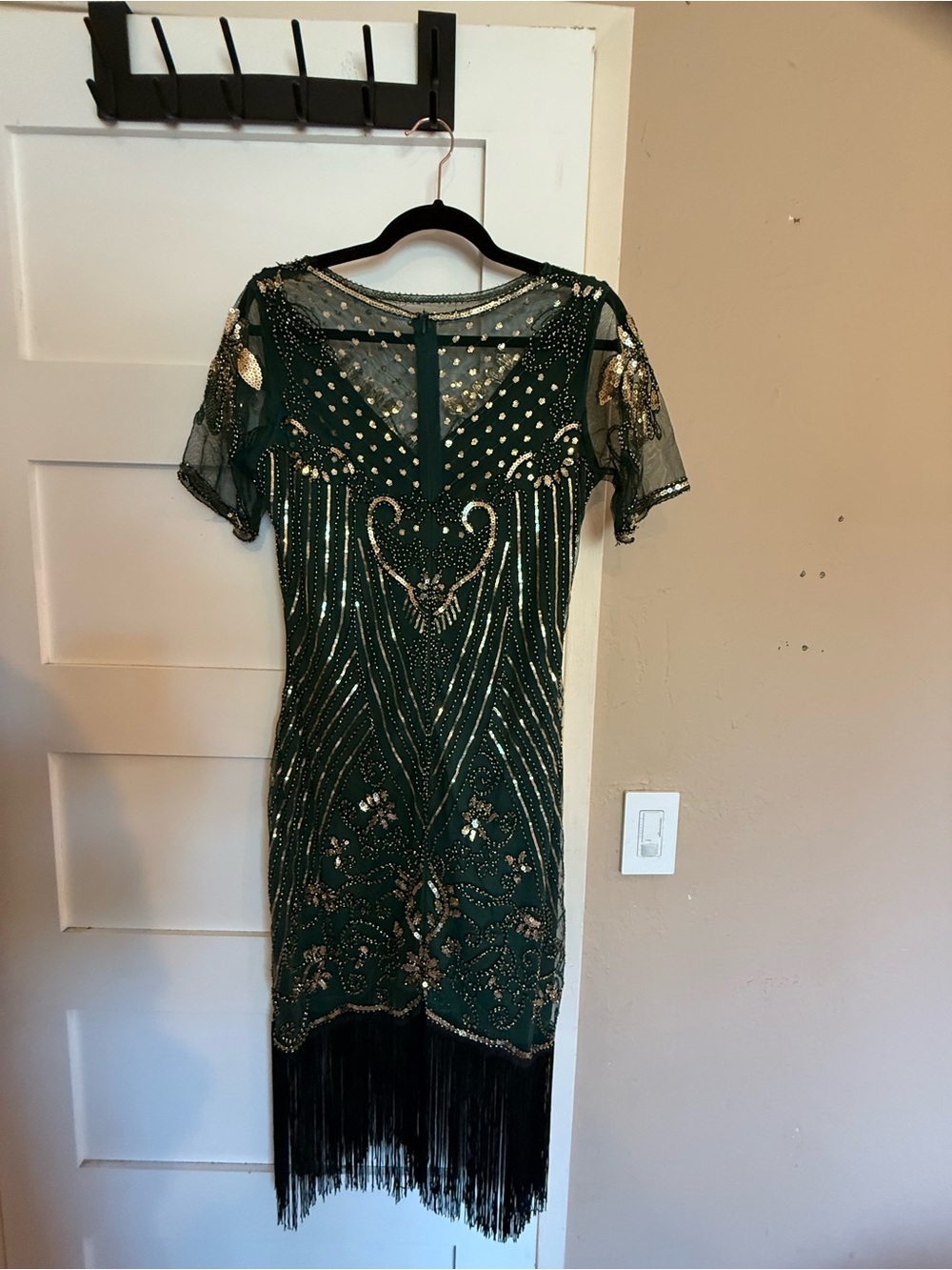 Embellished Emerald Green Midi Dress with Fringe